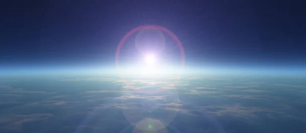 在多云的海洋上空 从太空升起的太阳 3D渲染说明 图库图片