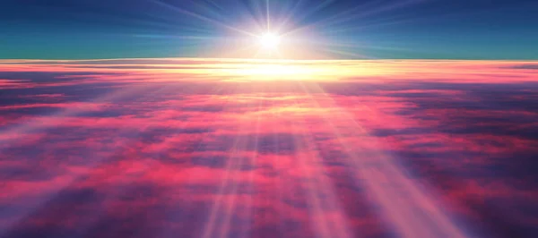 Над Облаками Летать Закат Солнца Луч Иллюстрации Рендеринг Стоковая Картинка