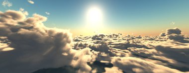 Bulutların üzerinde günbatımı güneş ışığı illüstrasyonu, 3 boyutlu görüntüleme