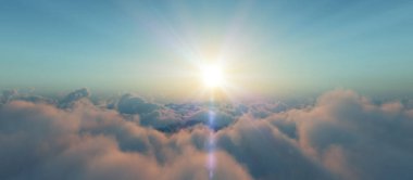 Bulutların üzerinde günbatımı güneş ışığı illüstrasyonu, 3 boyutlu görüntüleme