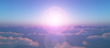 Bulutların üzerinde günbatımı güneş ışığı illüstrasyonu, 3 boyutlu görüntüleme