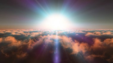 Bulutların üzerinde günbatımı güneş ışığı illüstrasyonu, 3 boyutlu görüntüleme