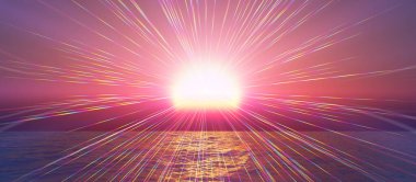 Gün batımı deniz ışığı gökyüzü berrak, üç boyutlu resimleme