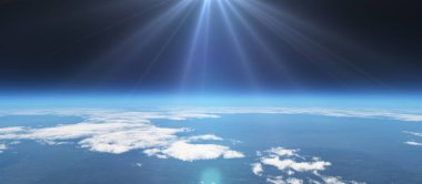 Bulutlu okyanus üzerinden Dünya 'nın doğuşu. 3d resimleme