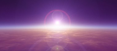 Bulutlu okyanus üzerinden Dünya 'nın doğuşu. 3d resimleme