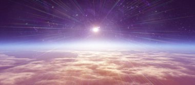 Bulutlu okyanus üzerinden Dünya 'nın doğuşu. 3d resimleme