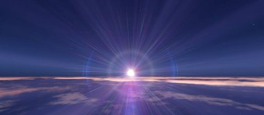 Bulutlu okyanus üzerinden Dünya 'nın doğuşu. 3d resimleme