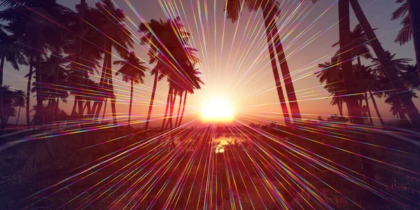 Oase Sonnenuntergang Landschaft Hintergrund Render Illustration — Stockfoto