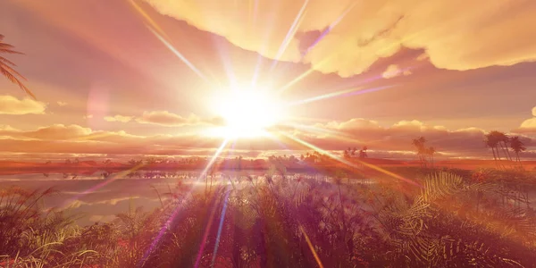 Oase Zonsondergang Landschap Achtergrond Weergave Illustratie Stockfoto