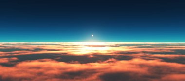 Bulutların üzerinde günbatımı güneş ışığı illüstrasyonu, 3 boyutlu görüntüleme