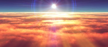 Bulutların üzerinde günbatımı güneş ışığı illüstrasyonu, 3 boyutlu görüntüleme