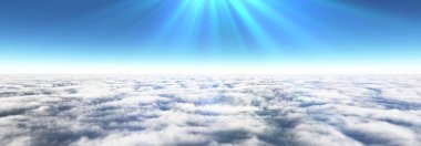 Bulutların üzerinde güneş ışınları, 3 boyutlu resimleme