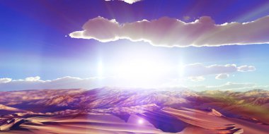 Çölde kum tepeleri batıyor. 3d resimleme