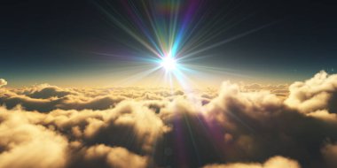 Bulutların üzerinde gün doğumu güneş ışığı çizimi, 3 boyutlu görüntüleme