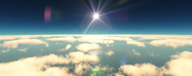 Bulutların üzerinde uç günbatımı manzarası. 3d resimleme