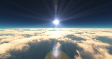 Bulutların üzerinde uç günbatımı manzarası. 3d resimleme