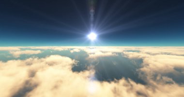 Bulutların üzerinde uç günbatımı manzarası. 3d resimleme