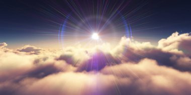 Bulutların üzerinde gün doğumu güneş ışığı çizimi, 3 boyutlu görüntüleme