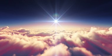 Bulutların üzerinde gün doğumu güneş ışığı çizimi, 3 boyutlu görüntüleme