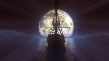 old ship in sea full moon illustration 3d rendering clipart