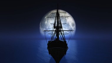 old ship in sea full moon illustration 3d rendering clipart