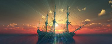 Eski gemi günbatımında deniz 3D resimleme