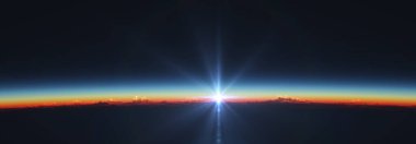 Bulutlu okyanus üzerinden Dünya 'nın doğuşu. 3d resimleme