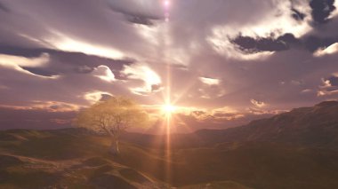 Çayırda gün batımı ve yalnız ağaç, üç boyutlu resimleme