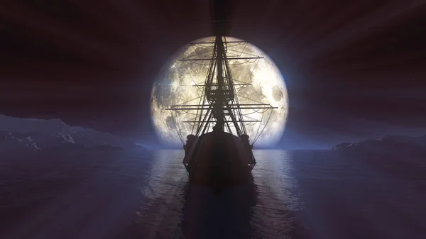 Старый Корабль Море Полнолуние Иллюстрация Рендеринг — стоковое фото