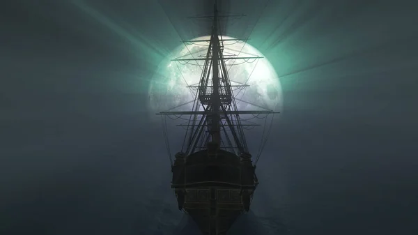 Παλιό Πλοίο Στη Θάλασσα Πανσέληνος Απεικόνιση Απόδοση — Φωτογραφία Αρχείου