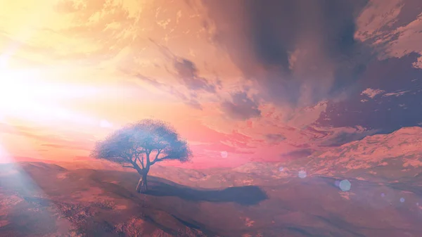 Sunset Meadow Lonely Tree Render Illustration — Stock Photo, Image