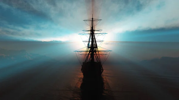 Old Ship Sunset Sea Illustration Rendering — Stock Photo, Image