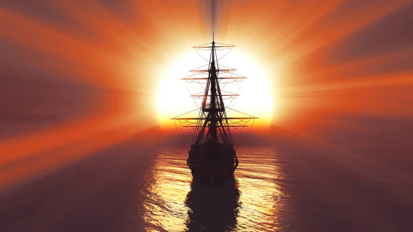 Velho Navio Pôr Sol Mar Ilustração Renderização — Fotografia de Stock