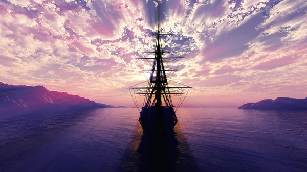 Viejo Barco Puesta Sol Mar Ilustración Representación — Foto de Stock