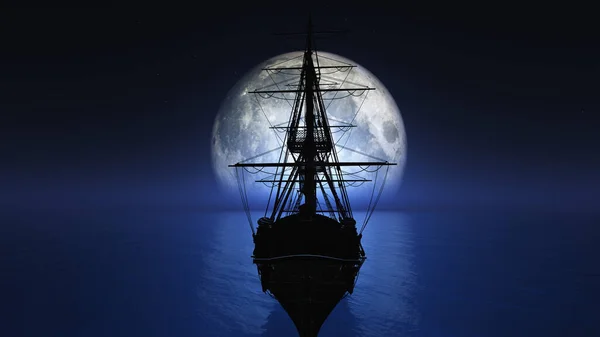Старый Корабль Море Полнолуние Иллюстрация Рендеринг Стоковое Фото