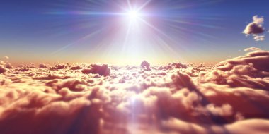 Bulutların üzerinde uç günbatımı manzarası, üç boyutlu resimleme