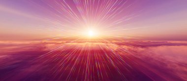 Bulutların üzerinde günbatımı güneş ışığı illüstrasyonu, 3 boyutlu görüntüleme