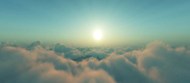 Bulutların üzerinde günbatımı güneş ışığı illüstrasyonu, 3 boyutlu görüntüleme