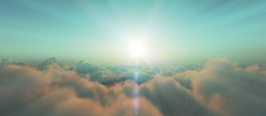 Bulutların üzerinde günbatımı güneş ışığı illüstrasyonu, 3 boyutlu görüntüleme