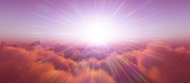 Bulutların üzerinde günbatımı güneş ışığı illüstrasyonu, 3 boyutlu görüntüleme