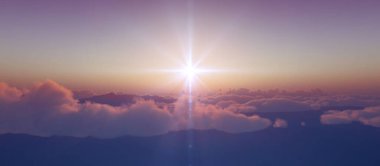 Bulutların üzerinde günbatımı güneş ışığı illüstrasyonu, 3 boyutlu görüntüleme