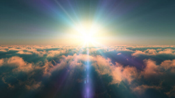 Above clouds fly sunset sun ray illustration, 3d render