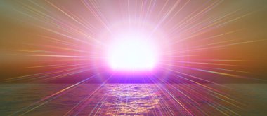 Gün batımı deniz ışığı gökyüzü berrak, üç boyutlu resimleme