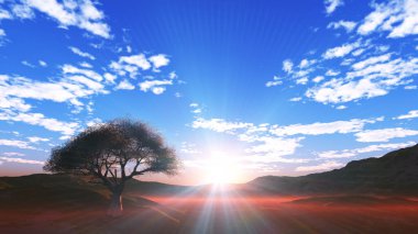 Çayırda gün batımı ve yalnız ağaç, üç boyutlu resimleme