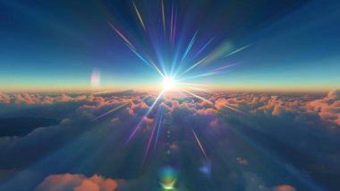 Bulutların üzerinde günbatımı güneş ışığı illüstrasyonu, 3 boyutlu görüntüleme