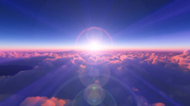 Bulutların üzerinde günbatımı güneş ışığı illüstrasyonu, 3 boyutlu görüntüleme