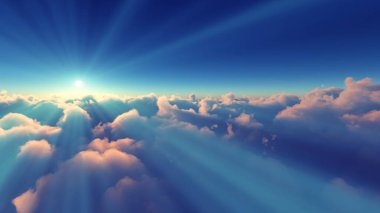 Bulutların üzerinde günbatımı güneş ışığı illüstrasyonu, 3 boyutlu görüntüleme