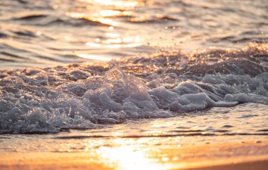Dalgalar deniz kıyısı makrosu sıçratıyor. Yaklaş.