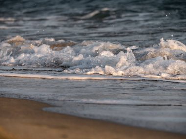 Dalgalar deniz kıyısı makrosu sıçratıyor. Yaklaş.