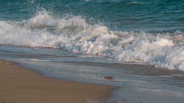 Dalgalar deniz kıyısı makrosu sıçratıyor. Yaklaş.